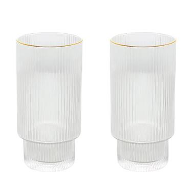 Imagem de Jogo 2 Copos Altos 400ml Cristal Canelado Suco Água Borda Dourada Fio 