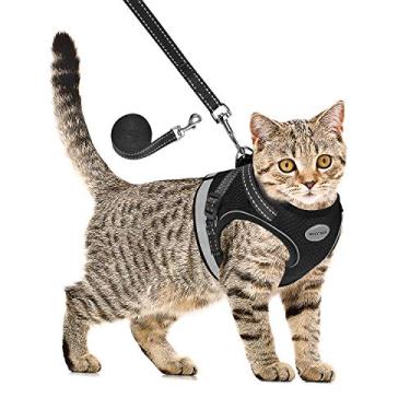 Imagem de Peitoral e coleira para gatos para caminhar, arnês à prova de fuga de gatinho, arnês refletivo ajustável com coleiras, rede macia e respirável, colete de segurança PP (Peito: 15 cm - 20 cm) preto