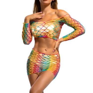 Imagem de Conjunto Arrastão Colorido Carnaval Fantasia Saia Moda Look Transparen