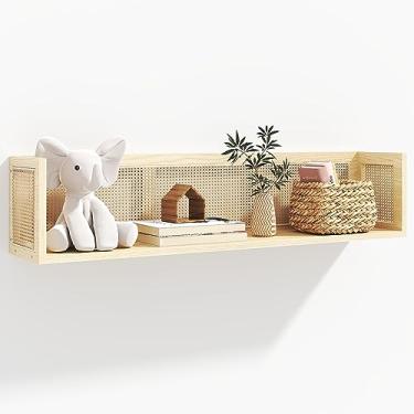 Imagem de Prateleira de parede de vime de vime flutuante de madeira de pinheiro natural de 91 cm de comprimento para decoração neutra de berçário e sala de estar, quarto