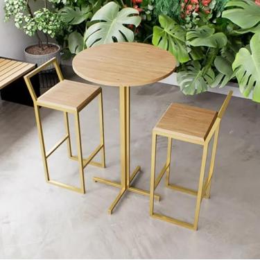 Imagem de Jogo Mesa Alta Bistrô Redonda 2 Banquetas Pinus Confort Industrial Dourado