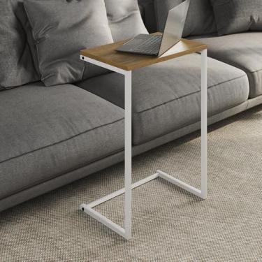 Imagem de Mesa Lateral Apoio de Sofá Charmme Ferro Branco Tampo Freijó 70cm Pés de Aço Industrial Decoração Para Casa
