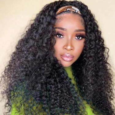 Imagem de Peruca de cabelo cacheado crespo nenhuma peruca frontal entrelaçada perucas feitas à máquina para mulheres cabelo virgem brasileiro crespo tiara peruca 150% densidade crespo cabelo humano perucas (35,5 cm, peruca de faixa)