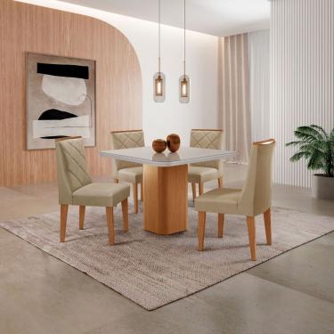 Imagem de Mesa de Jantar Eloise 90cm Tampo MDF Vidro Canto Copo com 4 Cadeiras Isadora Moderna Mobília