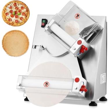 Imagem de Folha de massa de pizza comercial de 370 W com certificação NSF - Rolo de massa de aço inoxidável de rolo duplo de 16 polegadas/40 cm com controle de espessura a laser para pizzarias, padarias, lojas
