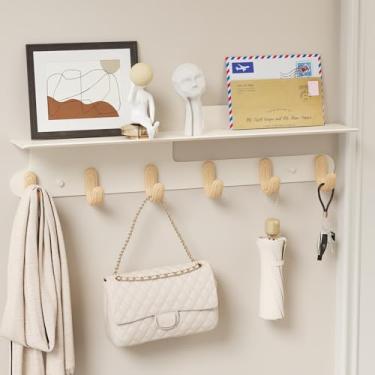 Imagem de Ganchos de parede com prateleira de 55 cm, suporte de parede com 6 ganchos, prateleira suspensa de entrada com armazenamento para banheiro, sala de estar, quarto, prateleiras de parede flutuantes