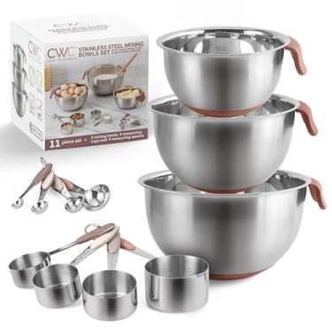 Imagem de COOK WITH COLOR Conjunto de tigelas de mistura de aço inoxidável e copos medidores - Tigelas de encaixe com fundo antiderrapante e alças de fácil aderência, rosa, 11 peças