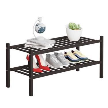 Imagem de Buymoth Organizador de armazenamento de sapatos de bambu de 2 níveis para armário, organizador multifuncional empilhável de prateleira de sapatos para espaços pequenos, entrada, corredor, banheiro 68