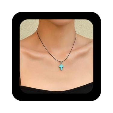 Imagem de Erimberate Colar gargantilha com cruz turquesa boêmia, tribal, crucifixo, colar com pingente de pedra tribal, colar minimalista de corda de cera preta, colar de pedra turquesa para mulheres