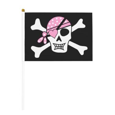 Imagem de Bandeira portátil de caveira pirata rosa 14 x 20 cm pequena vara mini bandeiras de mão placa decorativa para festa interna ao ar livre pacote com 10