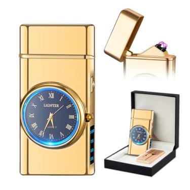 Imagem de SKRFIRE Isqueiro Elétrico De Arco Duplo, Plasma, Recarregável Com Bateria, Indicação Exibição, Caixa Presente Legal Revolve Para Amigos, Família, Velas (Dourado), 0,1