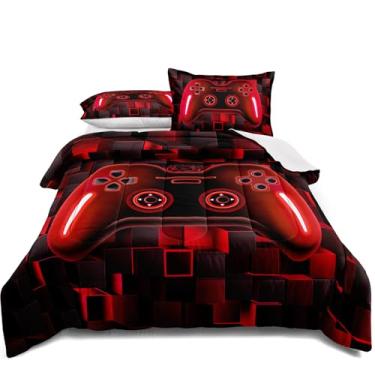 Imagem de lris Bedding Jogo de cama em uma bolsa, solteiro, para meninos, crianças, sala de jogos, vermelho, vibrante, para quarto de adolescentes, gamepad, roupa de cama com conjunto de todas as estações
