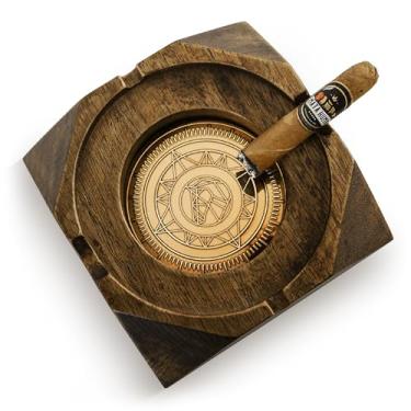 Imagem de Acessórios de cinzeiro de charuto de madeira para cigarros - Uso interno e externo em casa - Bandeja de cinzeiro marrom de madeira quadrangular, conjunto de presente para homens, ótima decoração para
