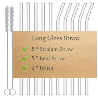 Imagem de NAFENDER Conjunto de 10 canudos de vidro reutilizáveis extralongos - 5 canudos retos + 5 canudos dobrados com 2 escovas | Vidro de borossilicato alto, 31 cm para copos Stanley de 30/4 onças, pode ser