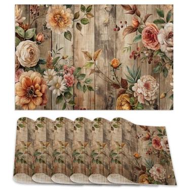 Imagem de 6 peças de jogo americano, jogo americano de flores vintage, tapetes de mesa de madeira rústica lavável reciclável jogo americano para uso interno e externo resistente ao calor cozinha jantar 30,5 x