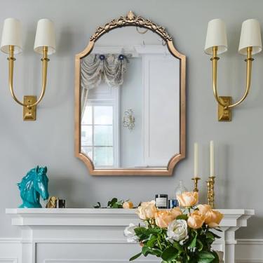 Imagem de DAOYIJIAJU Espelho vintage dourado, espelho decorativo arqueado tradicional de 71 x 50 cm, espelhos barrocos ornamentados, espelhos de cornija esculpidos antigos para sala de estar, lareira, banheiro