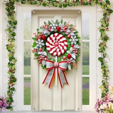 Imagem de BlissYard Banner para porta de Natal de bengala doce, 89 x 189 cm, decoração de porta da frente com redemoinho vermelho e branco pirulito flocos de neve e fita de glitter para exibição de boas-vindas