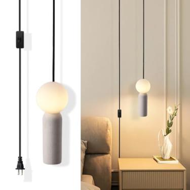 Imagem de WOSBO Plug in Wabi Sabi Lâmpada pendente moderna de cimento, luminária travertino globo fosco abajur plug-in luminária pendente para cozinha, ilha, cabeceira, corredor, quarto, sala de jantar (1 bola)