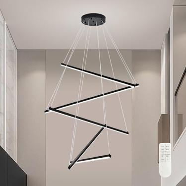 Imagem de Mccokaige Lustre de LED moderno de 5 luzes preto de 81 cm para sala de estar, lustre linear de LED regulável, quarto, lustres grandes para sala de jantar, luz pendente moderna para teto alto, sala de