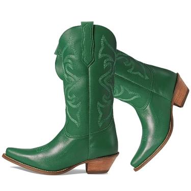 Imagem de LEHOOR Botas de caubói femininas bordadas, cano médio, botas ocidentais, salto baixo, bico fino, sem fecho, bota cowgirl 4-11 M EUA, Verde fosco, 40