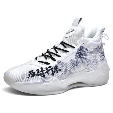 Imagem de Tênis de basquete masculino de cano alto antiderrapante e resistente ao desgaste, tênis de corrida com design de grafite, Branco, 12 Women/11 Men