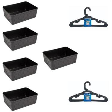 Imagem de Kit 5 Cestos Multiuso Decorativo e 10 Cabides Infantis Preto - 123 Org
