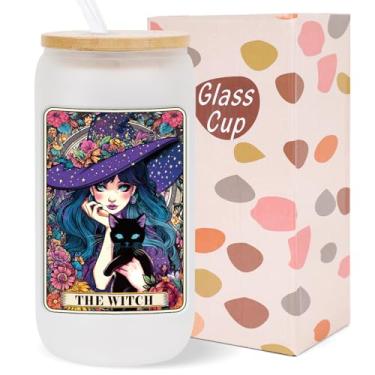 Imagem de Deorfuy Presentes de copo de vidro bruxo para mulheres, meninas, cartão de tarô de 473 ml, tema bruxa, copos de vidro fosco com tampas, canudos, menina gótica e gato preto, copo de Halloween