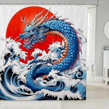 Imagem de Erosebridal Cortina de banheiro com tema japonês Ukiyoe 183 cm x 213 cm C para crianças, meninos, meninas, fantasia animal dragão cortina de banho vermelho sol mar onda cortina de banheira