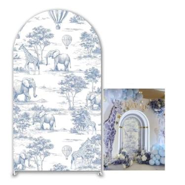 Imagem de KONPON Capa de fundo azul vintage toile de jouy arqueada aventura na selva elastano capa de suporte balão de ar quente meninos decoração de festa de 1º aniversário (sem suporte!)