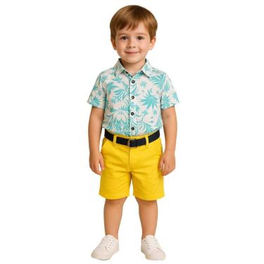 Imagem de Conjunto Infantil Camisa Floral  Bermuda Azul Amarelo Social