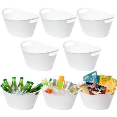 Imagem de Pacote com 8 balde de gelo, banheira oval de plástico para festas, garrafa térmica para vinho, cerveja e champanhe, cesta de armazenamento, branco