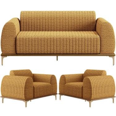 Imagem de Kit Sofá 3 Lugares 210cm com 02 Poltronas Molino Base Castanho Pés D`ouro D02 Prime Bouclê Mostarda PB-03 - Lyam Decor