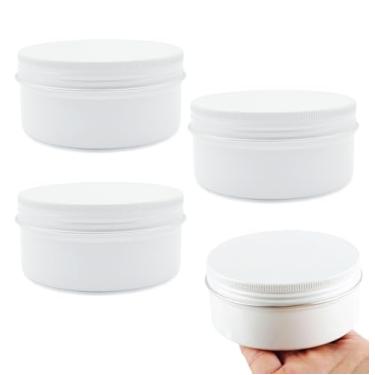 Imagem de Wopanxye 4 frascos de lata de alumínio de 200 ml com tampa de rosca, recipiente vazio de maquiagem para bálsamo labial potes redondos de viagem, potes de cosméticos, latas de metal branco de 200 g