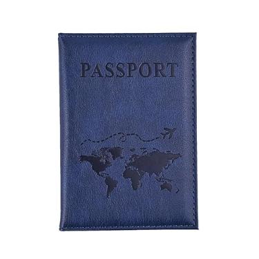 Imagem de Capa para cartão de couro PU unissex nova moda simples capa de passaporte mundo fino para viagem porta-passaporte carteira presente, Azul escuro, Moderno