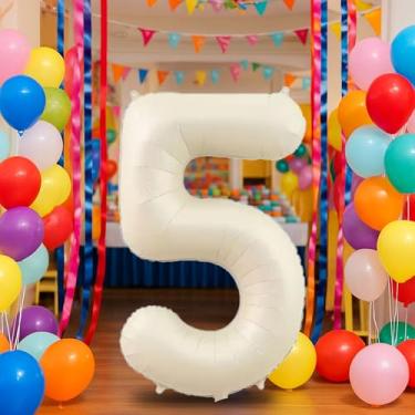 Imagem de Balão creme número 5 de 81 cm para decoração de 5º aniversário, balões autoinfláveis com número de folha de creme de 0 a 9, balão de hélio de areia branca para meninos, meninas, mulheres, homens