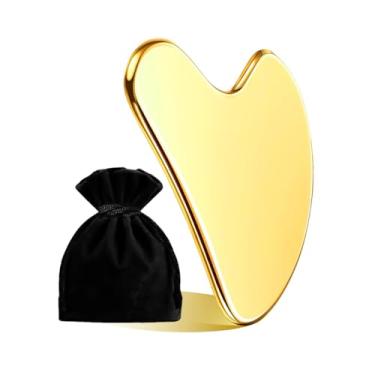 Imagem de Gua Sha de aço inoxidável | Ferramenta facial | Massagem da pele para rosto corpo olhos pescoço estilo coração com bolsa de viagem | Presente de cuidados com a pele (ouro)