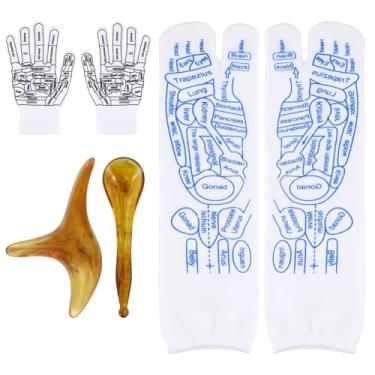 Imagem de 4 peças de meias de reflexologia com ferramentas, 33 x 9 cm, meias de massagem com ponto de pressão e fadiga, meias de massagem nos pés com luvas, meias elásticas de acupressão, meias de ponto de