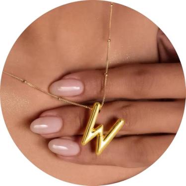 Imagem de Colar feminino com inicial de aço inoxidável banhado a ouro 18K, pingente de letra bolha de A a Z, joia personalizada do alfabeto fofo de A a Z, 18+2in, Aço inoxidável, Sem Pedra Preciosa