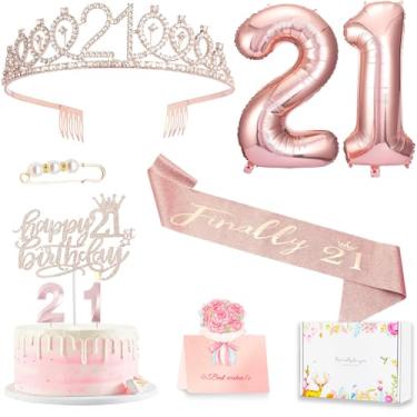 Imagem de Decorações de presente de aniversário de 21 anos para ela, incluindo topos de bolo de 21 anos, faixa rainha de aniversário com pino de pérola, coroa de tiara de strass doce, conjunto de velas e balões