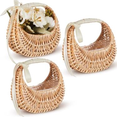 Imagem de Taiyin Cesta de vime de palha pequena de vime de flor de vime de vime com alça ideal para casamento, piquenique, armazenamento de jardim e decoração de casa (fita branca)