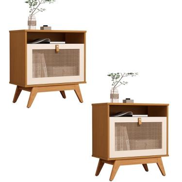 Imagem de Kit 2 Mesa De Cabeceira Camu-camu New E Pés Madeira Maciça Nature Off White