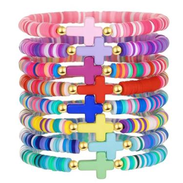 Imagem de 8 peças de pulseiras cruzadas de Jesus a granel boêmio arco-íris polímero argila cruz pulseiras elásticas coloridas feitas à mão pulseiras de argila de polímero com contas inspiradoras joias