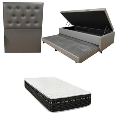 Imagem de Cama Box Baú Solteiro com Auxiliar (Bicama) + Colchão Eagle Molas Bonnel 22cm | Kit Completo com Cabeceira Botonê Opcional | Diversas Cores (3, CORINO CINZA, COM CABECEIRA)