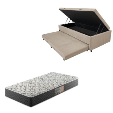 Imagem de Cama Box Baú Solteiro com Auxiliar (Bicama) + Colchão de Espuma D33 20cm | Kit Completo com Cabeceira Botonê Opcional | Diversas Cores (2, SUEDE BEGE, SEM CABECEIRA)
