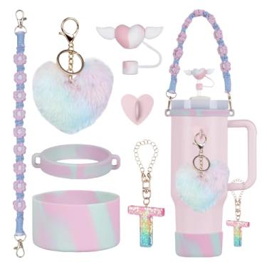Imagem de Rabrgab Conjunto de 7 peças de acessórios para copo Stanley com alça, decoração de copo feminino para meninas para 1,134 g, 850 g, 590 g, incluindo topo de palha de coração, pingentes de coração, bota