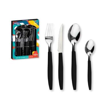 Imagem de Jogo De Talheres Inox 25 Peças Com Porta Talher De Divisória Faqueiro Preto Garfo Faca Colher Multiuso Casual Mesa Posta Organização Gaveta Completo Cozinha Resistente Design Moderno