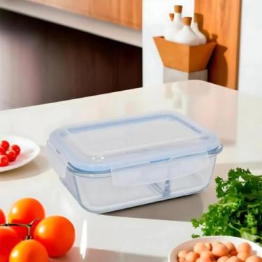 Imagem de Marmita Fit Pote de Vidro Retangular com Divisória, Tampa Hermética de Silicone, 1520ml, Transparente com Tampa Azul, para Armazenamento de Alimentos Marmita Fit Academia Trabalho