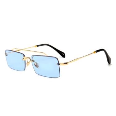 Imagem de HPIRME Óculos de sol retangulares retrô masculinos, armação de metal, sem aro, para mulheres (azul transparente)