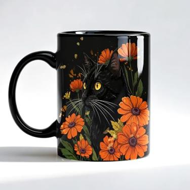 Imagem de Fyecoluo Caneca de gato preto floral mística, presentes de gato preto, xícara de café para amantes de gatos, mamãe papai, estética escura, margarida, laranja, gatinho, gatinho, caneca de café de