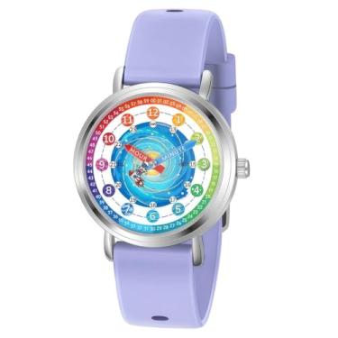 Imagem de Afcrho Relógio infantil – Relógios analógicos para crianças de 7 a 10 anos, 8 a 12 anos, ferramenta de ensino de tempo de aprendizagem de astronautas, 17. Astronauta arco-íris, pulseira roxa